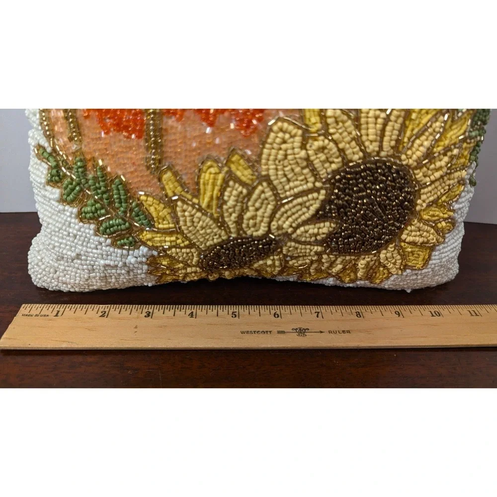 Beaded Pumpkin Sunflower Fall Harvest Throw Pillow White Autumn Decor 11" - Picture 6 of 6